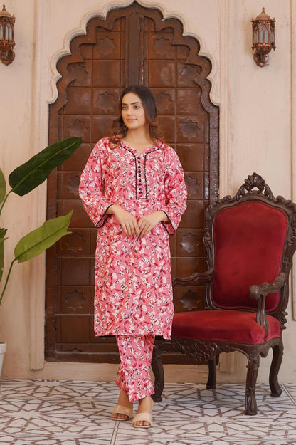 2 Pcs Women's Stitched Cotton Shirt And Trouser Set