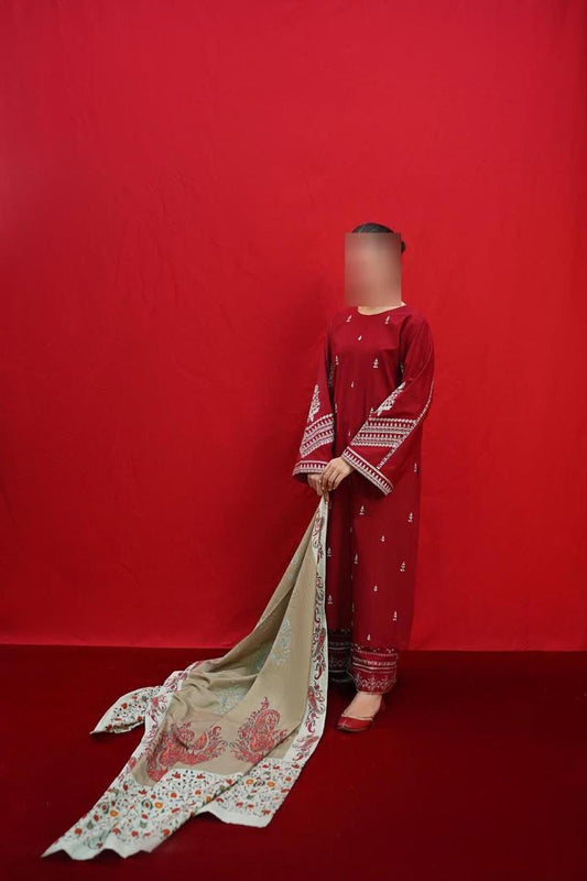 3 Pcs Women's Unstitched Embroidered Suit
