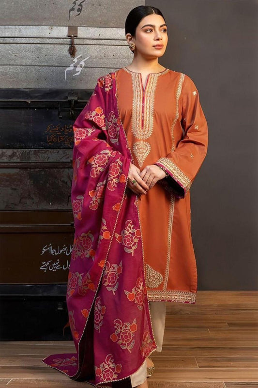 3 Pcs Women's Unstitched Embroidered Suit