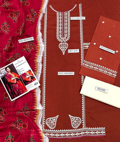 3 Pcs Women's Unstitched Embroidered Suit
