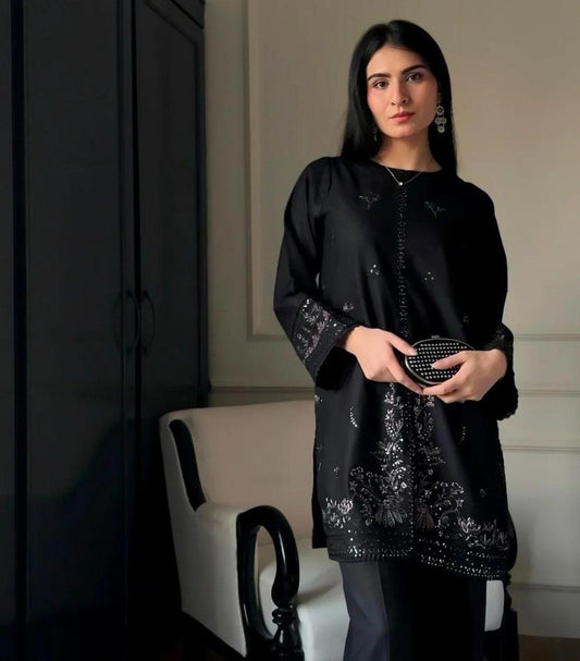 Stylish Embroidered Cotton Shirt And Trouser Set - 2 Pcs